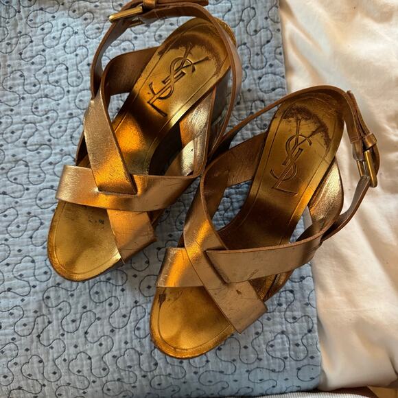 YVES STAINT LAURENT Gold Wedge Heel Size 37 spring summer open toe - Picture 3 of 8